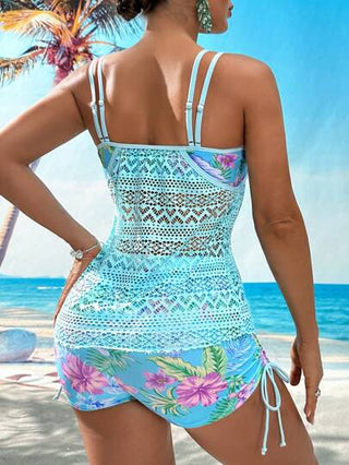 طقم تانكيني حريمي Swim Lushoire طقم بكيني للنساء مع طباعة زهرية وتصميم مفرغ، بحري للصيف