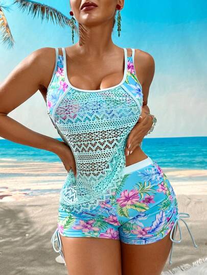 طقم تانكيني حريمي Swim Lushoire طقم بكيني للنساء مع طباعة زهرية وتصميم مفرغ، بحري للصيف