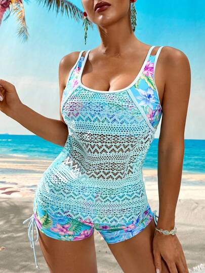 طقم تانكيني حريمي Swim Lushoire طقم بكيني للنساء مع طباعة زهرية وتصميم مفرغ، بحري للصيف