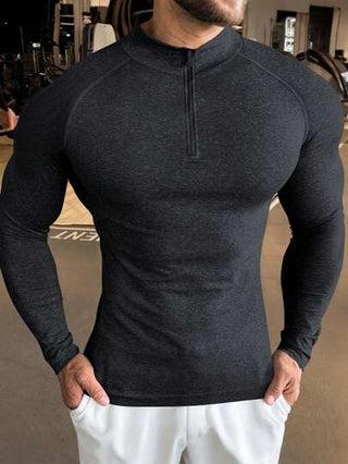 Manfinity Sport PWRUP قميص رياضي لليد ذو رقبة عالية وسستة أمامية، أكمام رجلان وألوان سادة، ملابس تمرين، تيشرتات وبلوزات الجري