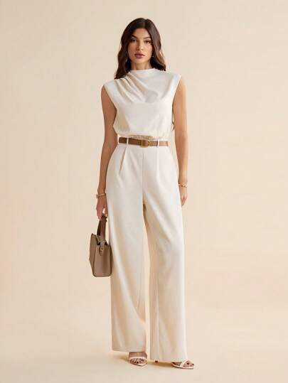 SHEIN Tall رومبير نسائية بقصّة ذات أكمام غير ممدودة وبحزام، مصنوعة من قماش منسوج بلون أحادي والذي يتميز بطيّات