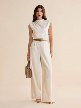 SHEIN Tall رومبير نسائية بقصّة ذات أكمام غير ممدودة وبحزام، مصنوعة من قماش منسوج بلون أحادي والذي يتميز بطيّات