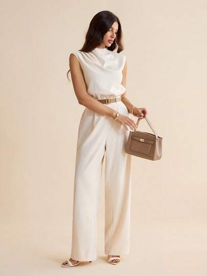 SHEIN Tall رومبير نسائية بقصّة ذات أكمام غير ممدودة وبحزام، مصنوعة من قماش منسوج بلون أحادي والذي يتميز بطيّات