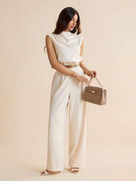 SHEIN Tall رومبير نسائية بقصّة ذات أكمام غير ممدودة وبحزام، مصنوعة من قماش منسوج بلون أحادي والذي يتميز بطيّات