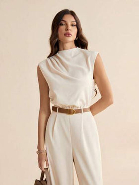 SHEIN Tall رومبير نسائية بقصّة ذات أكمام غير ممدودة وبحزام، مصنوعة من قماش منسوج بلون أحادي والذي يتميز بطيّات