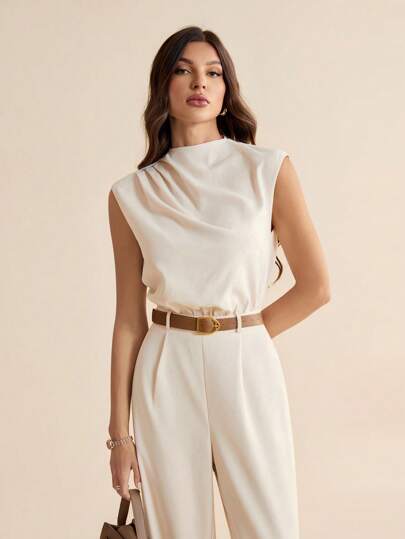 SHEIN Tall رومبير نسائية بقصّة ذات أكمام غير ممدودة وبحزام، مصنوعة من قماش منسوج بلون أحادي والذي يتميز بطيّات