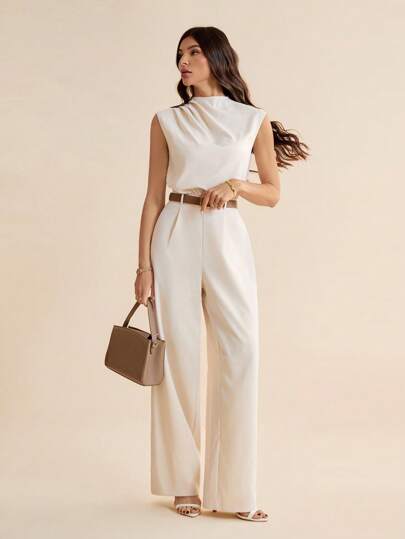 SHEIN Tall رومبير نسائية بقصّة ذات أكمام غير ممدودة وبحزام، مصنوعة من قماش منسوج بلون أحادي والذي يتميز بطيّات