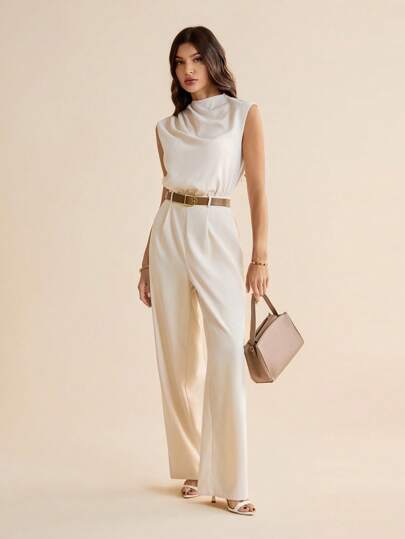 SHEIN Tall رومبير نسائية بقصّة ذات أكمام غير ممدودة وبحزام، مصنوعة من قماش منسوج بلون أحادي والذي يتميز بطيّات