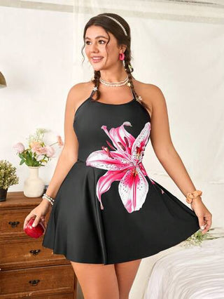 SHEIN Swim Curve طقم بكيني بمقاس كبير بقطعتين من النساء طباعة زهرية مجسمة مع سروالات خصر عالي، ملابس سباحة موضة للربيع/الصيف