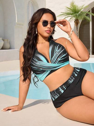 Slaydiva 2 قطعة من ملابس السباحة للمرأة ذات الحجم الكبير، طقم بكيني ذو خصر مرتفع ومزخرف بنمط الصليب، مناسب للاستخدام اليومي والمنتجعات