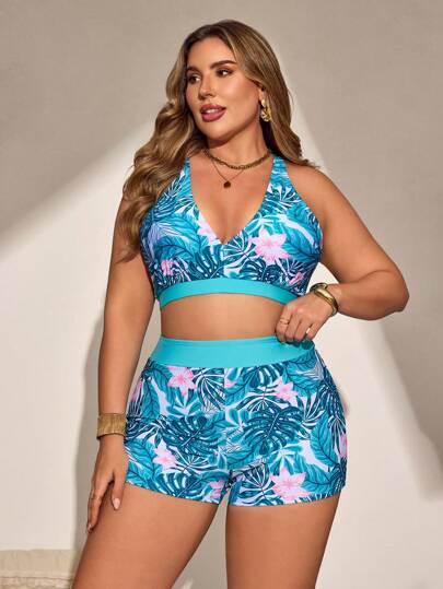 Swim Lushoire مجموعة ملابس سباحة نسائية كبيرة الحجم 3 قطع، طقم تانكيني أكمام بدون أكمام مطبوع بنقشة نباتية