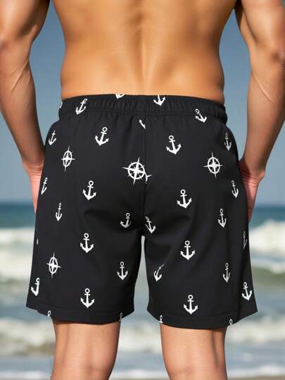 Manfinity Swimmode شورت شاطئ رجالي مطبوع بسحاب، طراز هاواي