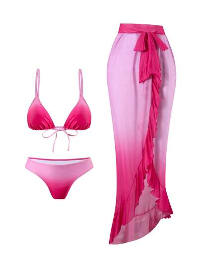 Swim SXY 3 قطع/مجموعة ملابس شاطئ للمرأة باللون الأومبير: ملابس علوية بكيني بأشرطة سباغيتي، سروال السباحة، وتنورة شاطئ، صيفي