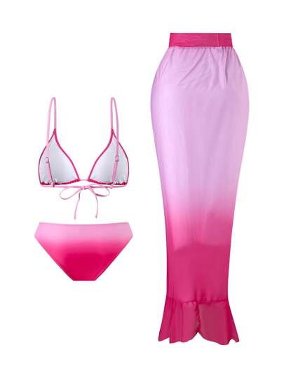 Swim SXY 3 قطع/مجموعة ملابس شاطئ للمرأة باللون الأومبير: ملابس علوية بكيني بأشرطة سباغيتي، سروال السباحة، وتنورة شاطئ، صيفي