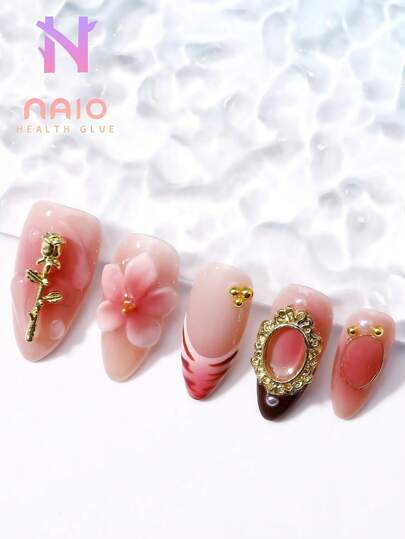 مجموعة 10 قطع أظافر مصنوعة يدويًا من Naio Nails بجودة صالون الأظافر، شكل لوز متوسط بتصميم فرنسي باللون الوردي والنمر مع نقوش زهرية ثلاثية الأبعاد, تصميم حصري للأظافر الفاخرة بالشكل الثلاثي الأبعاد، وزخرفة مطلية بسبائك معدنية، مناسبة للحفلات الرأس...