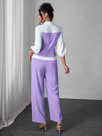 Modelyn 2 قطعة/مجموعة ملابس علوية ذات أكمام فوانيس وربطة الخصر + بنطلون كاجوال مجموعة، ربيع/صيف