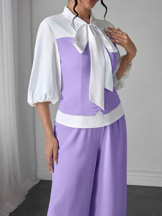 Modelyn 2 قطعة/مجموعة ملابس علوية ذات أكمام فوانيس وربطة الخصر + بنطلون كاجوال مجموعة، ربيع/صيف
