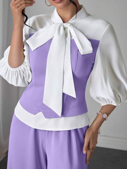 Modelyn 2 قطعة/مجموعة ملابس علوية ذات أكمام فوانيس وربطة الخصر + بنطلون كاجوال مجموعة، ربيع/صيف
