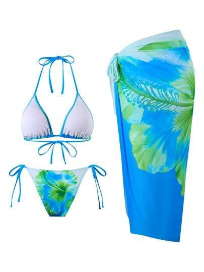 Swim Oasis 3 قطع/مجموعة ملابس شاطئ صيفية للنساء، ملابس سباحة مطبوعة بنقشات الأزهار مع حمالات ثلاثية القطع وغطاء شبكي متعقد للشاطئ، بأسلوب بوهيمي للعطلات
