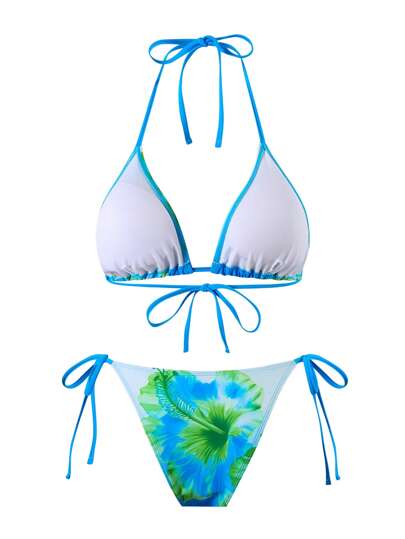 Swim Oasis 3 قطع/مجموعة ملابس شاطئ صيفية للنساء، ملابس سباحة مطبوعة بنقشات الأزهار مع حمالات ثلاثية القطع وغطاء شبكي متعقد للشاطئ، بأسلوب بوهيمي للعطلات