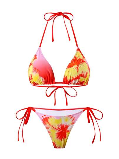طقم تانكيني حريمي Swim Oasis مجموعة مكونة من 3 قطع لأزياء النساء لشاطئ الصيف: ملابس علوية تانكيني مطبوع بزهور ، تنورة شبكية صغيرة بعقدة أمامية ، وسروال بكيني سلسلة
