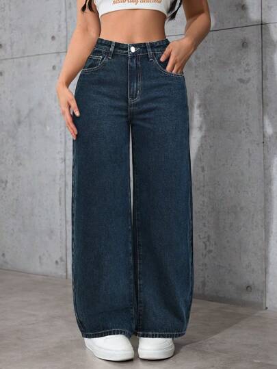 SHEIN PETITE بنطلون جينز نسائي فضفاض بسيقان متسعة مع جيوب ، كاجوال ومتعدد الاستخدامات