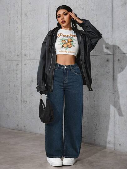SHEIN PETITE بنطلون جينز نسائي فضفاض بسيقان متسعة مع جيوب ، كاجوال ومتعدد الاستخدامات