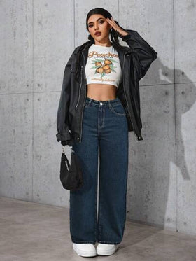 SHEIN PETITE بنطلون جينز نسائي فضفاض بسيقان متسعة مع جيوب ، كاجوال ومتعدد الاستخدامات