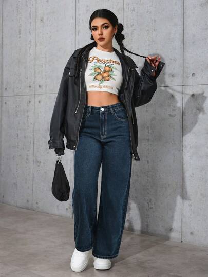 SHEIN PETITE بنطلون جينز نسائي فضفاض بسيقان متسعة مع جيوب ، كاجوال ومتعدد الاستخدامات