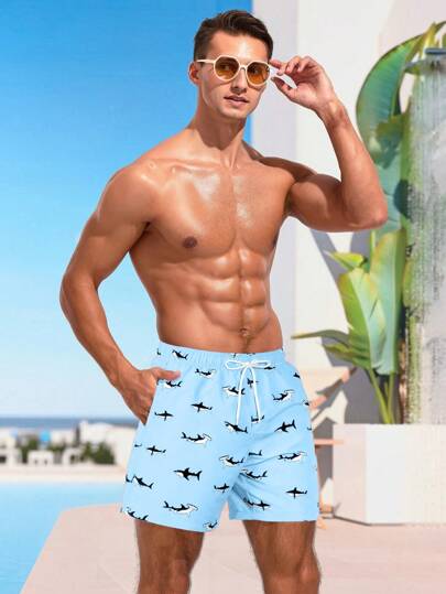 Manfinity Swimmode شورتات سباحة فضفاضة ذات خصر بسحاب بطبعة سمكة القرش للرجال ,الهاواي