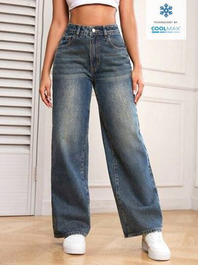 SHEIN PETITE السراويل الجينز الأزرق الكحلي القديمة للسيدات مع جيوب، عادي وأنيق