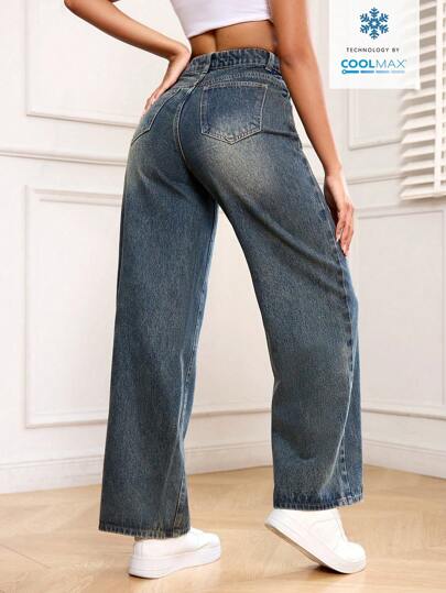 SHEIN PETITE السراويل الجينز الأزرق الكحلي القديمة للسيدات مع جيوب، عادي وأنيق