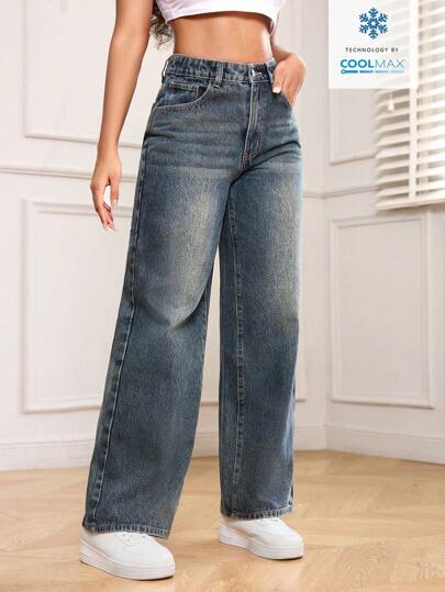 SHEIN PETITE السراويل الجينز الأزرق الكحلي القديمة للسيدات مع جيوب، عادي وأنيق