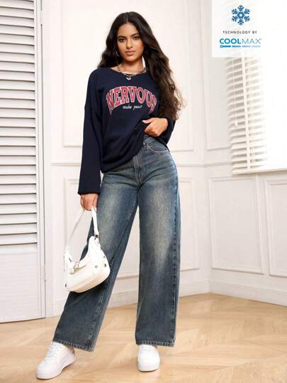 SHEIN PETITE السراويل الجينز الأزرق الكحلي القديمة للسيدات مع جيوب، عادي وأنيق