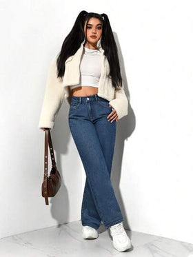 SHEIN PETITE سروال جينز بمقطع واسع عادي نسائي غير محكم مع جيوب