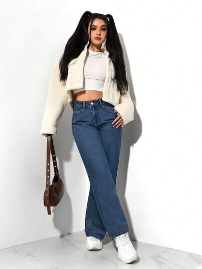 SHEIN PETITE سروال جينز بمقطع واسع عادي نسائي غير محكم مع جيوب