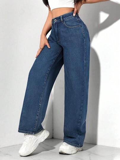 SHEIN PETITE سروال جينز بمقطع واسع عادي نسائي غير محكم مع جيوب