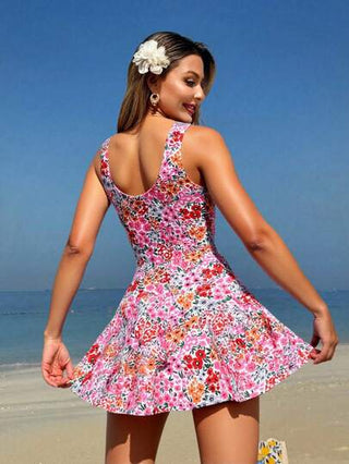 طقم تانكيني حريمي Swim Lushoire مجموعة ثلاث قطع للمرأة، سالوبيت بطبعات نباتية استوائية عشوائية بحمالات رفيعة وأعلى الخصر بشكل مثلث وتنورة بشق أمامي، بدلة سباحة تانكيني