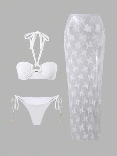 طقم تانكيني حريمي Swim SXY 3 قطع/مجموعة تنورة مصغرة زهرية بشريط لإجازة الربيع، قطعة ملابس علوية مخطط أبيض وإكسسوارات معدنية، بدلة سباحة نسائية مثيرة