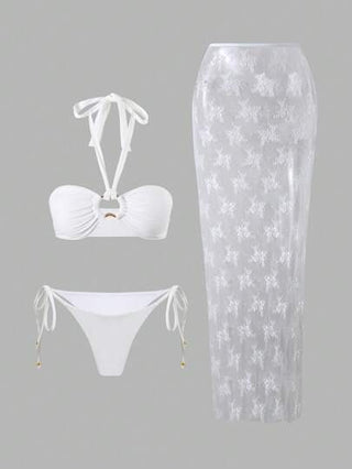 طقم تانكيني حريمي Swim SXY 3 قطع/مجموعة تنورة مصغرة زهرية بشريط لإجازة الربيع، قطعة ملابس علوية مخطط أبيض وإكسسوارات معدنية، بدلة سباحة نسائية مثيرة