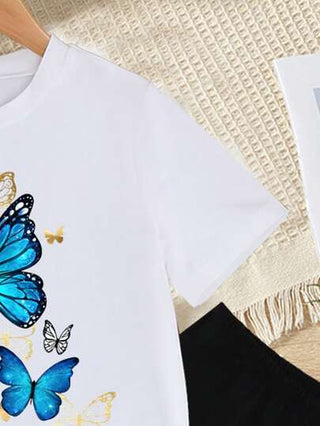 girls-sets مجموعة ملابس علوية وسروال قصير،2 قطعة/طقم،بطبعة فراشة على زي صيفي مريح للفتيات،كاجوال
