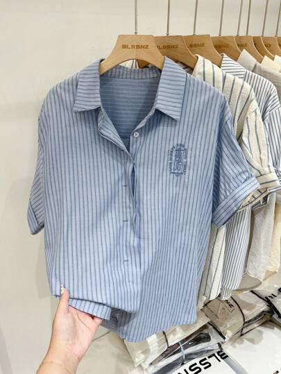 YUXIN ملابس علوية نسائي مخطط رأسياً مطرز على الياقة، أكمام قصيرة، صيفي، ياقة عالية، فضفاض، كاجوال