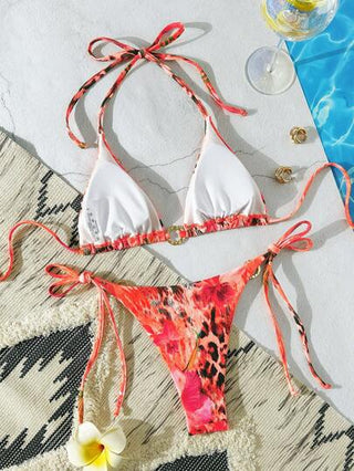 Swim Vcay طقم بكيني نساء من قطعتين برقبة هالتر مع طبعات الفهد والزهور العشوائية، والجزء العلوي مثلث والسفلي مربوط من الجانب