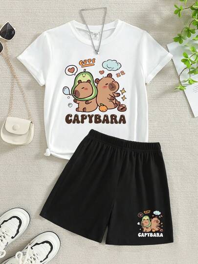 girls-sets مجموعة بنطال قصير أسود وتي شيرت أبيض بطباعة كرتونية ل- Capybara الجميل للبنات، طقم صيفي