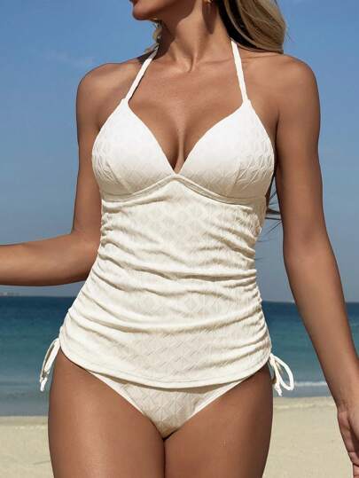 طقم تانكيني حريمي Swim Lushoire مجموعة بكأس صلب إلى جانب ربطة خصر سترة نساء أنيقة للاستخدام اليومي قطعتين من قماش مضفر أبيض مربوط الخصر