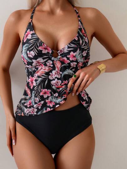 طقم تانكيني حريمي Swim Lushoire طقم بكيني نسائي قطعتين، علوي بطبعة استوائية عشوائية بتشطيب دائري، وسفلي أحادي اللون، ملابس علوية بكيني