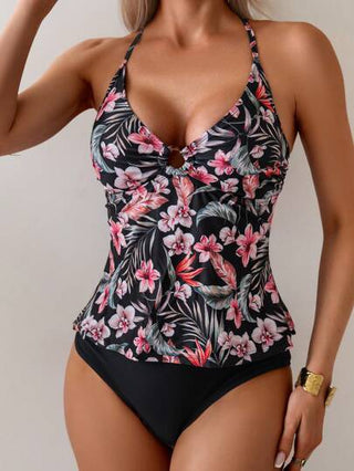 طقم تانكيني حريمي Swim Lushoire طقم بكيني نسائي قطعتين، علوي بطبعة استوائية عشوائية بتشطيب دائري، وسفلي أحادي اللون، ملابس علوية بكيني