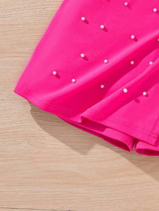 girls-sets فتاة الفترة المراهقة المبكرة قمصان بلا أكمام مع زهرة 3D ديكور، مطابقة مع تنورة قصيرة باللون الزهري