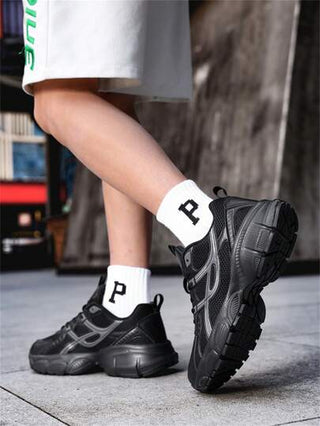 أحذية رياضية للرجال والأطفال الكبار، أحذية كرة السلة، مقاسات كبيرة، أسلوب شارع، قابلة للتنفس وأنيقة (نمط نعل عشوائي) ، حذاء رياضي متوسط الارتفاع مع نعل مطاطي مناسب للجميع الفصول