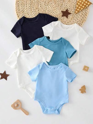 SHEIN دوزمود 5 طقم للأطفال من الرضع من الفتيان، رومبير ناعمة ومريحة بأكمام قصيرة برقبة مستديرة وبلون سادة محبك